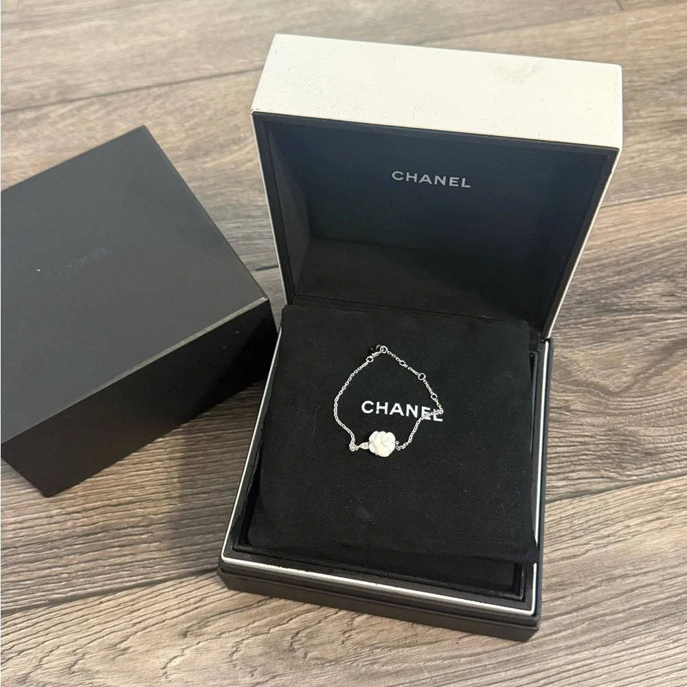 CHANEL 18K Silver Chalcedony & Diamond Camellia Bracelet - Picture 8 of 8